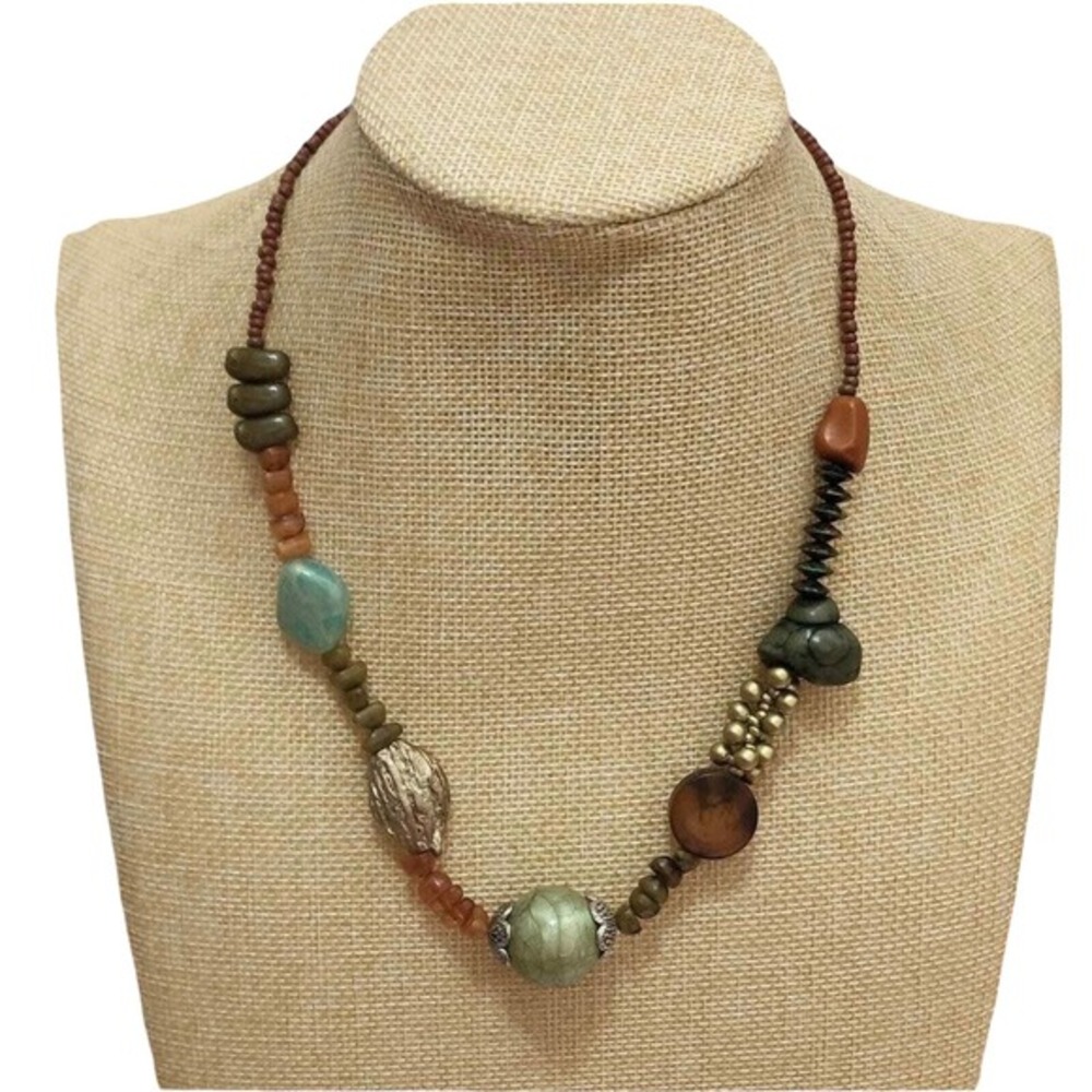 Treska Gypsy Warehouse Earthy Mixed Media Beaded Necklace Green Brown Boho NWT
